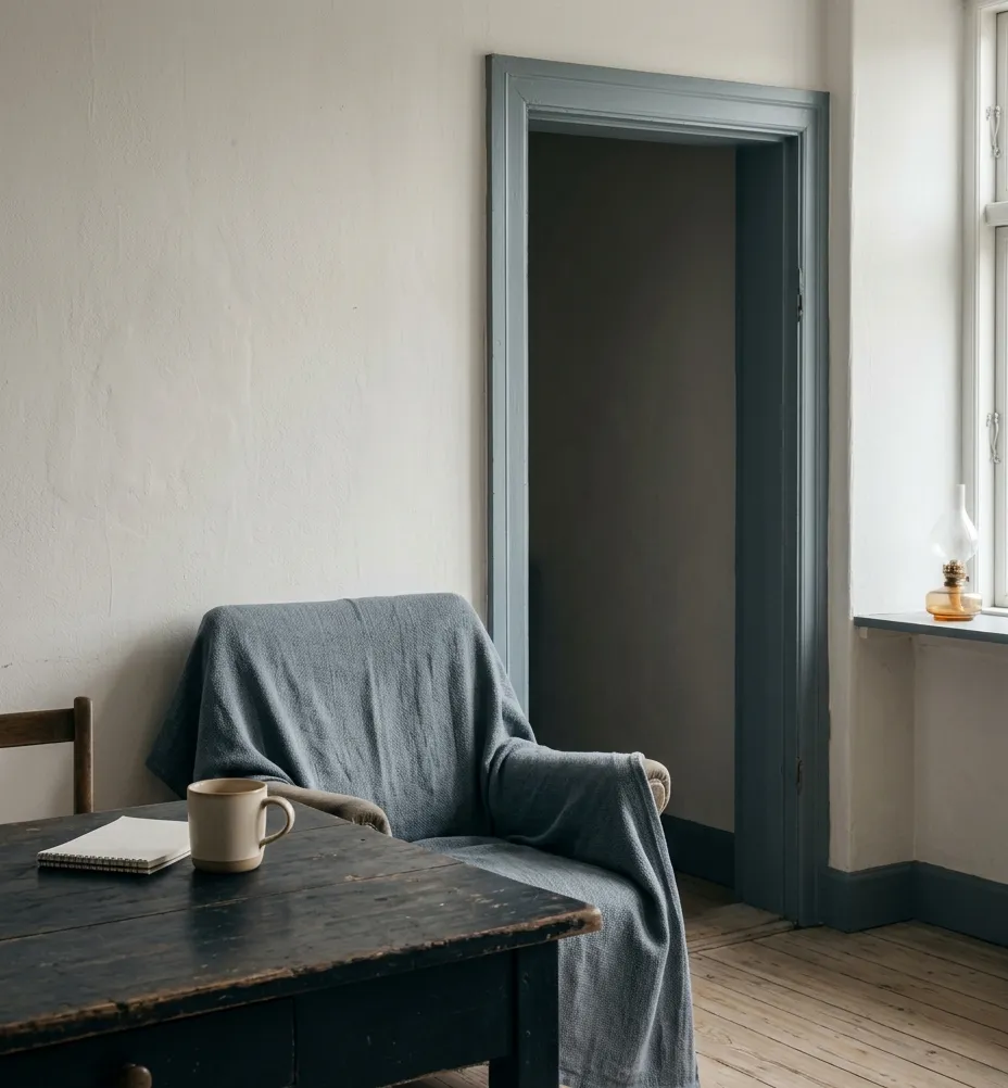 A quiet room with a blanket-draped armchair, a notebook and a mug on a wooden table