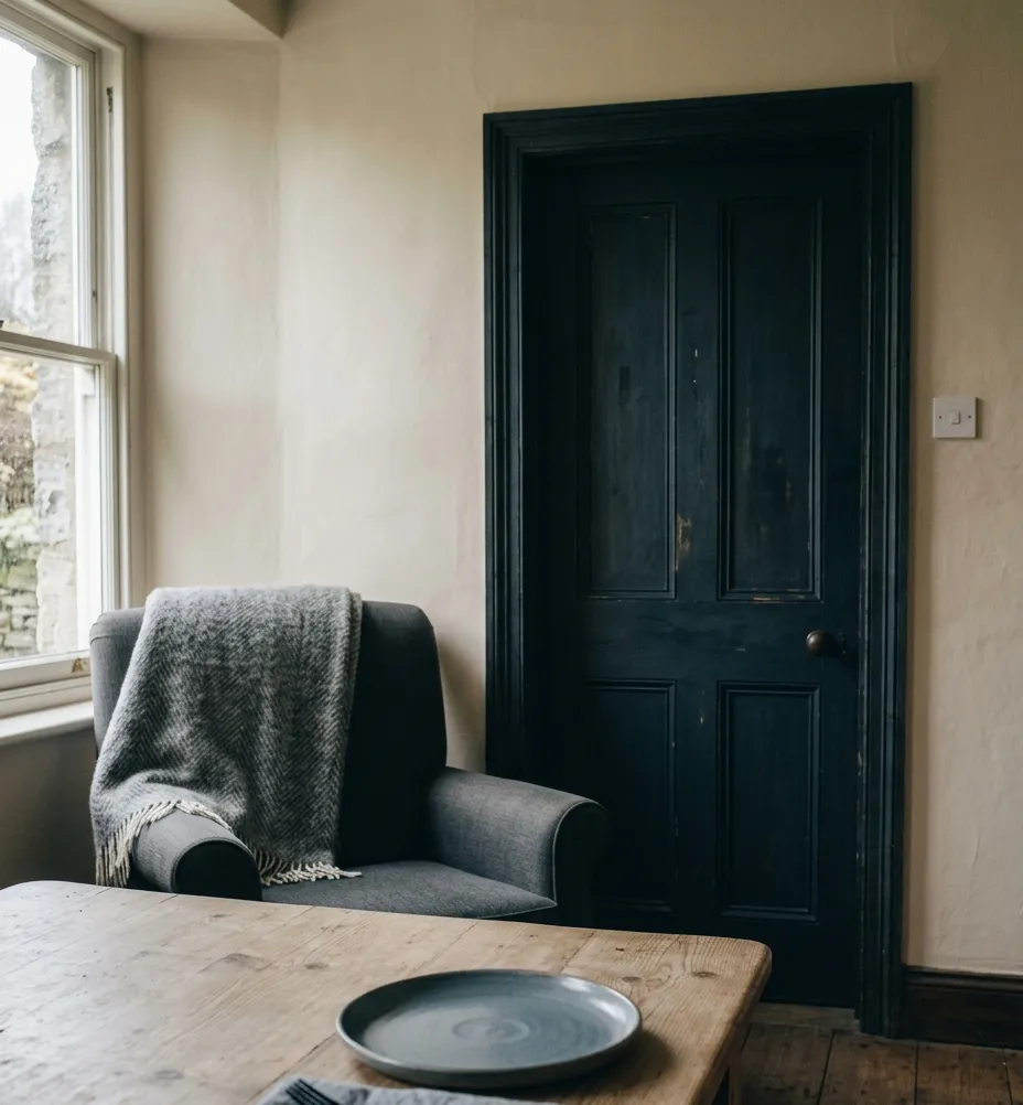 A grey armchair with a woollen throw beside a dark door in a quiet room