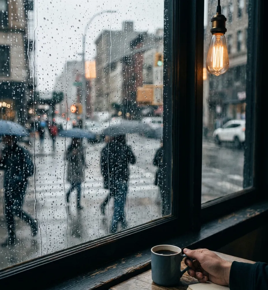 A hand holding a cup of coffee at a café window on a rainy street