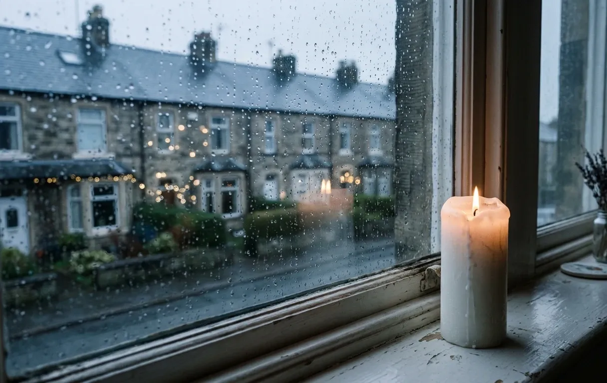 A lit candle on a windowsill, looking out through rain at a terrace of houses with Christmas lights