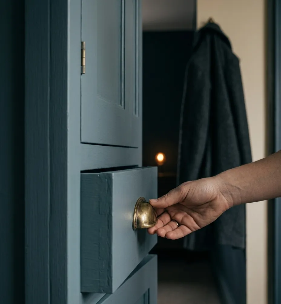 A hand opening a drawer in a quiet blue-panelled hallway