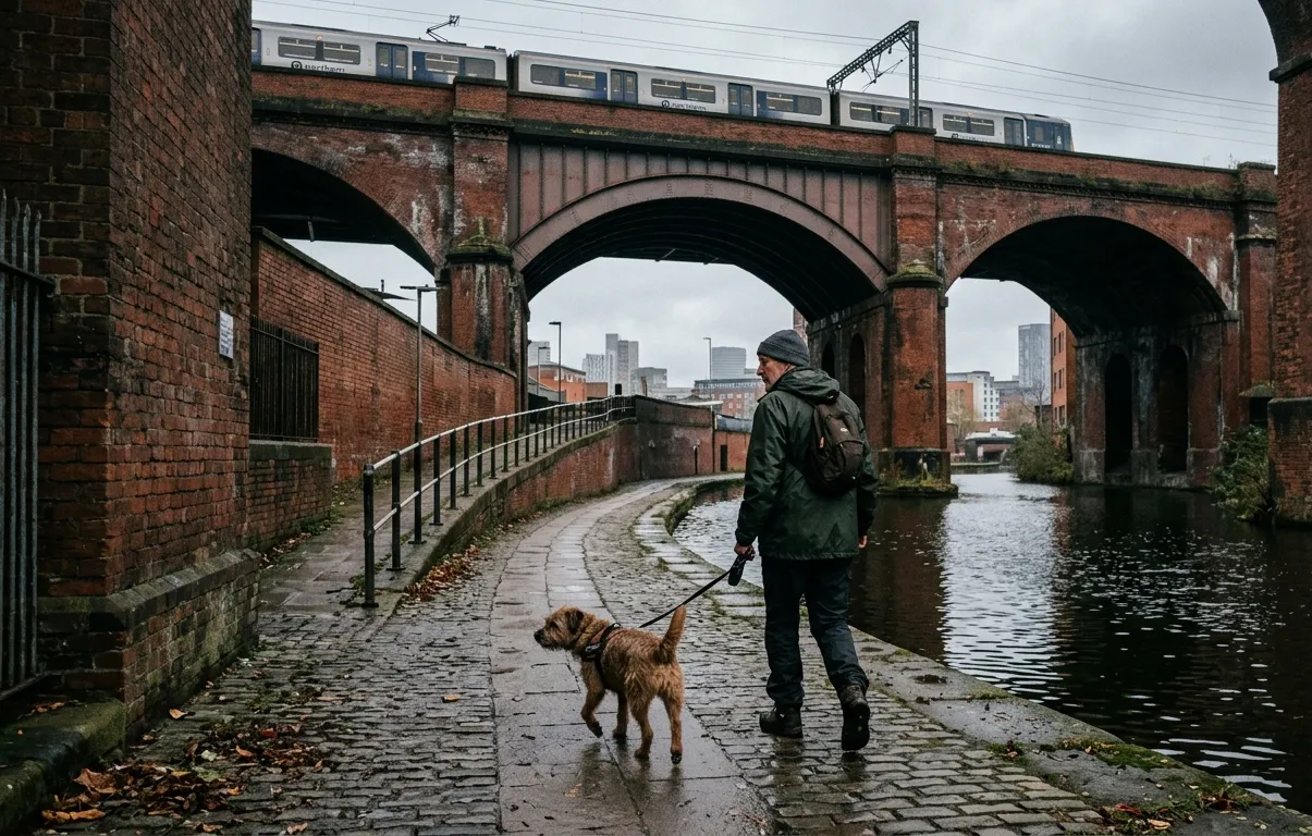 A man walking his dog on a lead along Manchester's canalside beneath the railway viaducts on a grey day