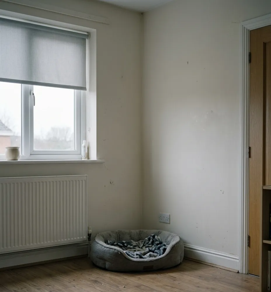 An empty dog bed in the corner of a quiet room, blanket still inside