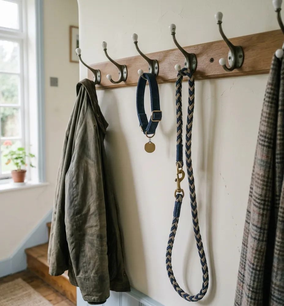 A dog's collar and rope lead hanging on a row of hallway coat hooks beside a waxed jacket