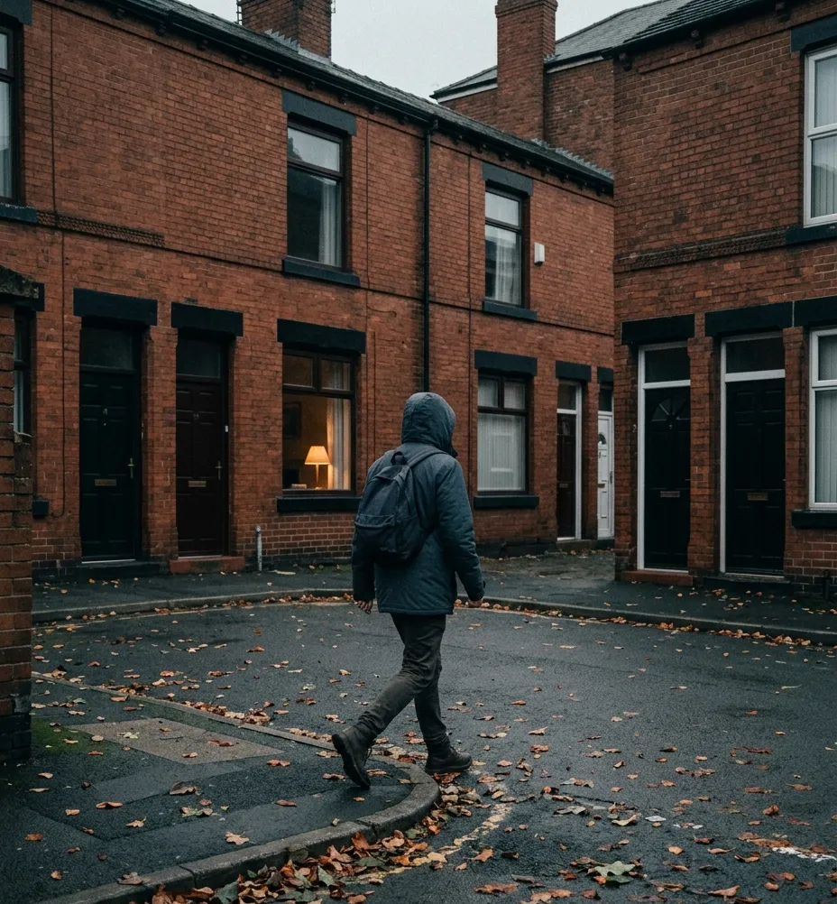 A quiet Manchester street on an overcast afternoon