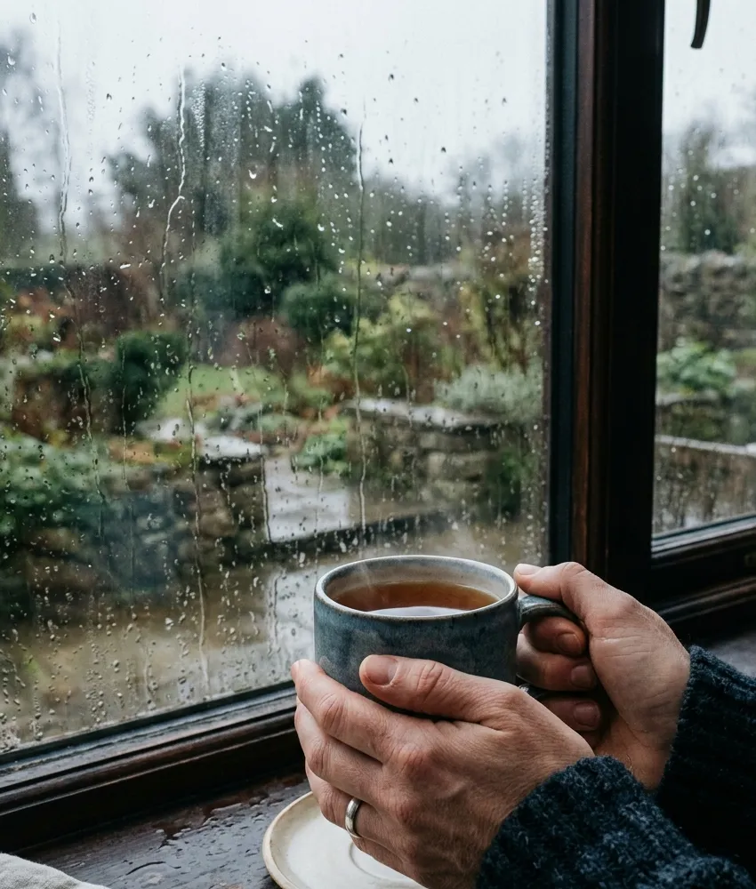 Hands wrapped around a mug of tea, looking out through a rain-streaked window